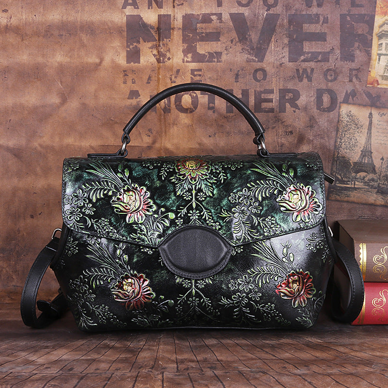 Johnature Sac à main vintage en cuir véritable pour femme, nouveau sac à bandoulière polyvalent en cuir de vachette estampé de première couche, fait à la main