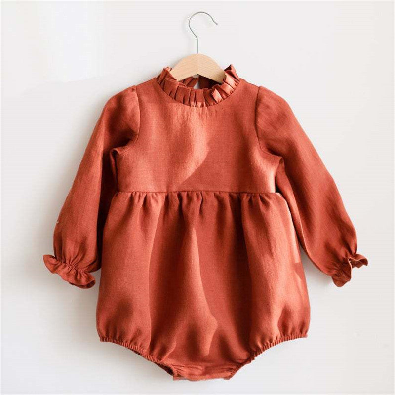 Cotton And Linen Lotus Leaf Collar Triangle Romper With Long Sleeves