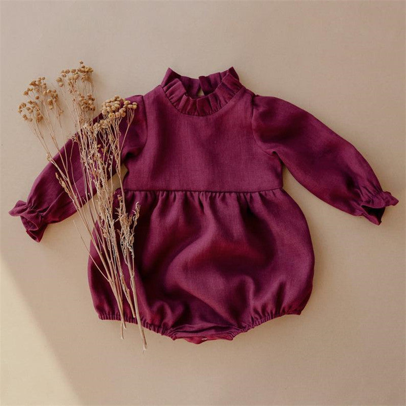 Cotton And Linen Lotus Leaf Collar Triangle Romper With Long Sleeves