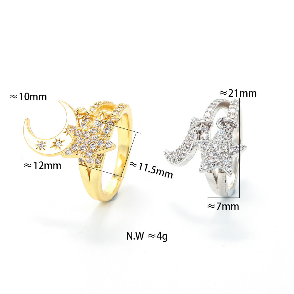 Double Layer Star Moon Pendant Adjustable Ring Gold Silver Color Cubic Zirconia Female Finger Rings