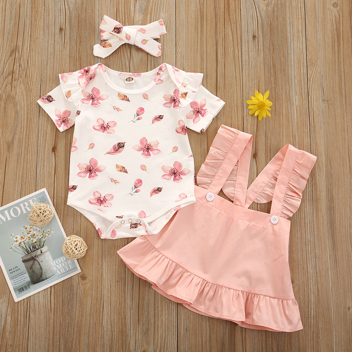 Korean Version long Short Flying Sleeve Small Flower Print Blouse Lace Suspender Skirt