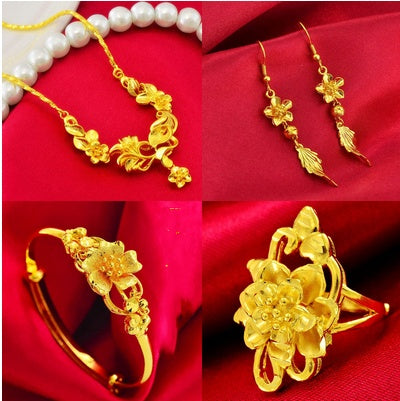 Bijoux en or sable Dragon et Phoenix Collier Boucles d'oreilles Bague Bracelet Parure de mariage quatre pièces Cadeau de Saint-Valentin