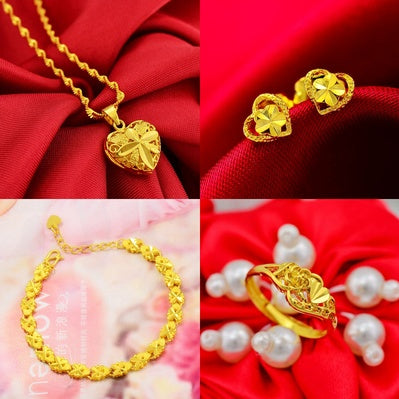 Bijoux en or sable Dragon et Phoenix Collier Boucles d'oreilles Bague Bracelet Parure de mariage quatre pièces Cadeau de Saint-Valentin