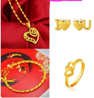 Bijoux en or sable Dragon et Phoenix Collier Boucles d'oreilles Bague Bracelet Parure de mariage quatre pièces Cadeau de Saint-Valentin