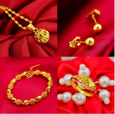 Bijoux en or sable Dragon et Phoenix Collier Boucles d'oreilles Bague Bracelet Parure de mariage quatre pièces Cadeau de Saint-Valentin