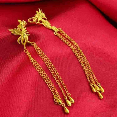 Bijoux en or sable Dragon et Phoenix Collier Boucles d'oreilles Bague Bracelet Parure de mariage quatre pièces Cadeau de Saint-Valentin