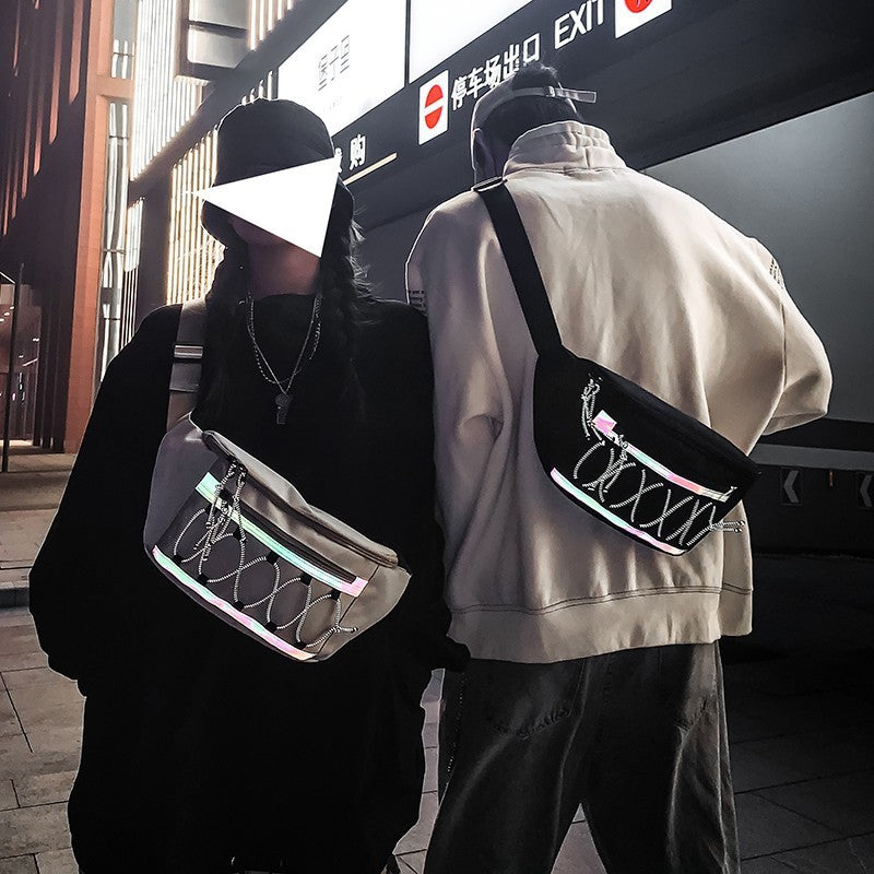 Men'S Chest Bag Oxford Cloth Trendy Cool Style Waist Bag Reflective Strip Shoulder Messenger Bag Men