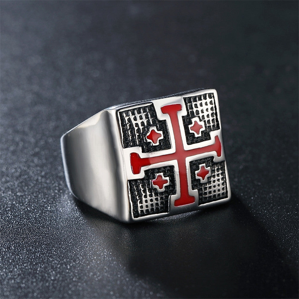 Nouvelle Bague de Commerce Extérieur de Style Croisade Rouge Bague en Acier au Titane pour Hommes