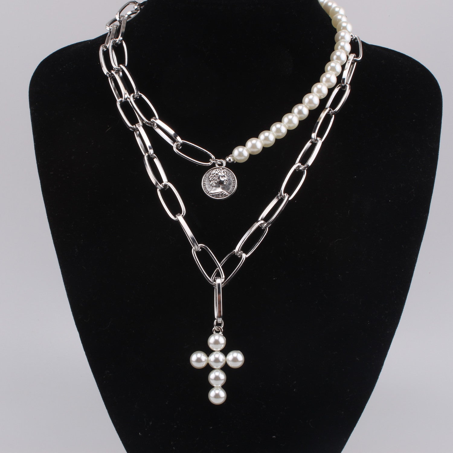 Luxury Design Imitation Pearls Choker Necklace Female Cross Pendant Necklaces for Women Gold Color Fashion Coin Jewelry