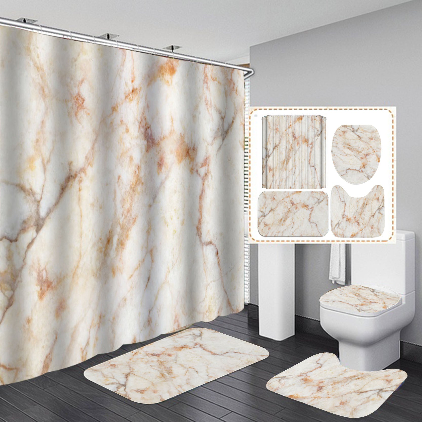 Marble Texture, Printed Polyester, Waterproof Shower Curtain Set