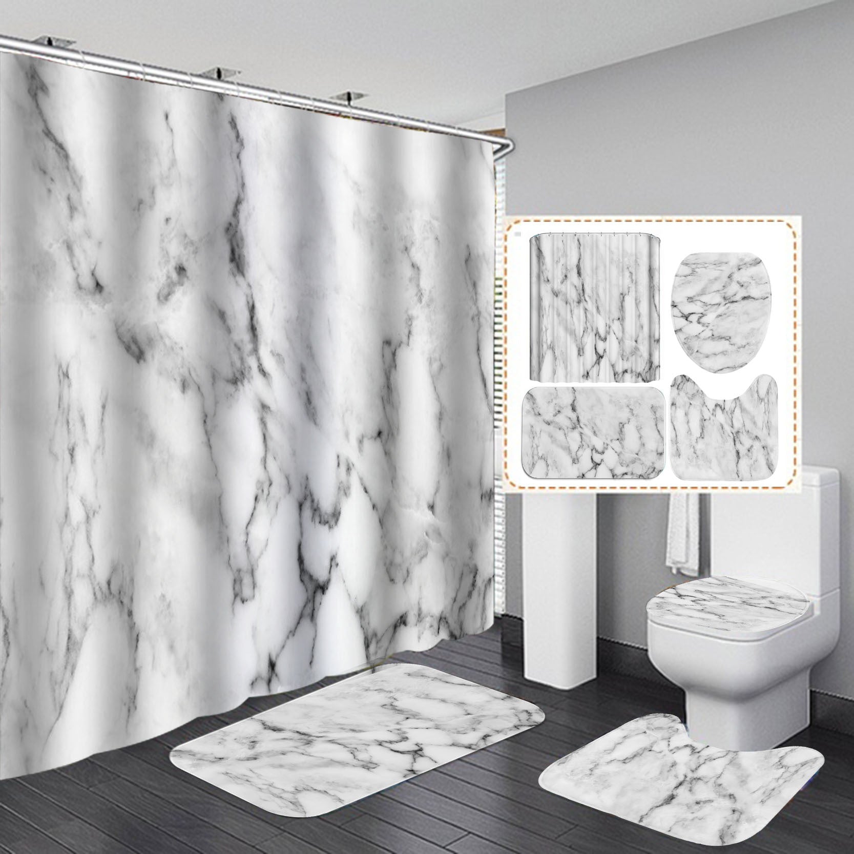 Marble Texture, Printed Polyester, Waterproof Shower Curtain Set