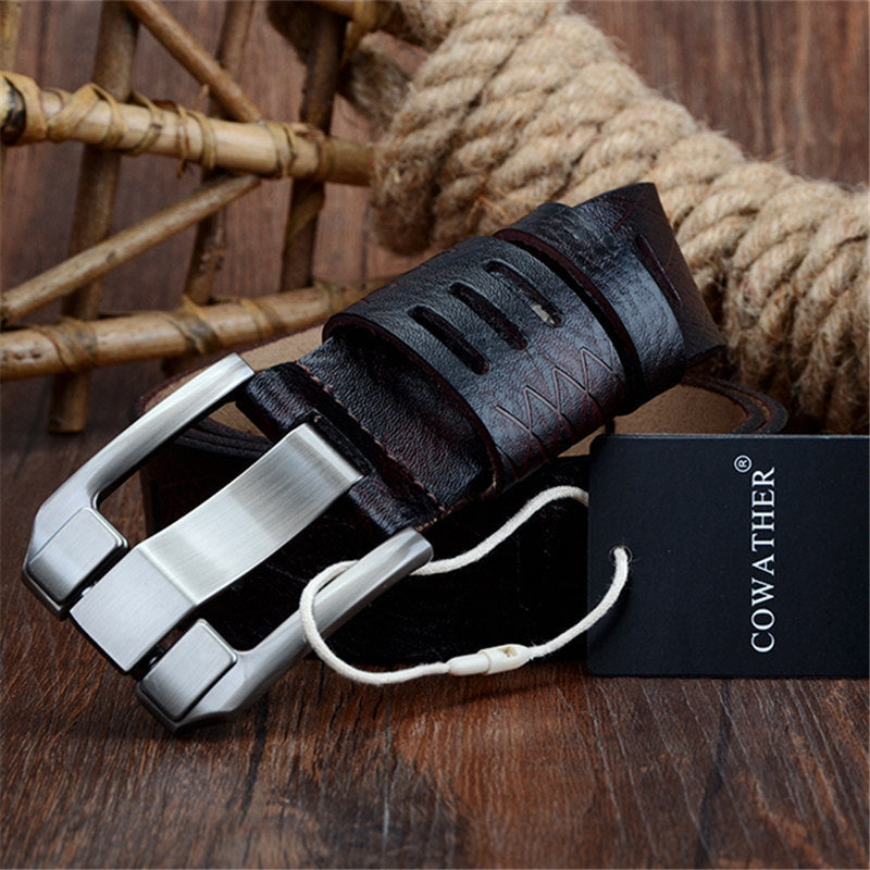 Ceinture décontractée en cuir de vachette double couche avec boucle ardillon pour homme