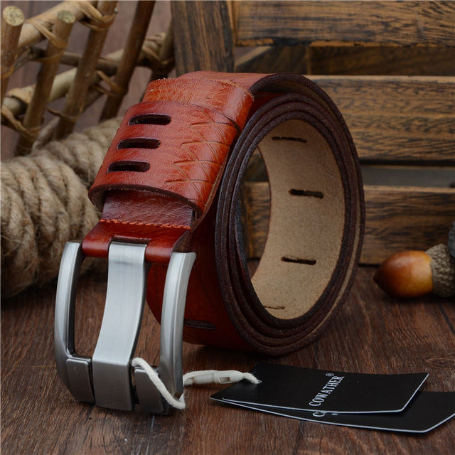 Ceinture décontractée en cuir de vachette double couche avec boucle ardillon pour homme