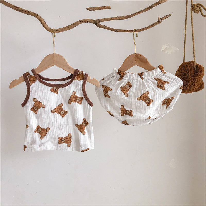 Baby Suit Summer Clothes Soft Cotton Yarn Cartoon Bear Sleeveless Bloomers Suit