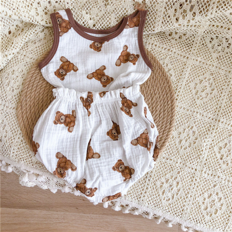 Baby Suit Summer Clothes Soft Cotton Yarn Cartoon Bear Sleeveless Bloomers Suit