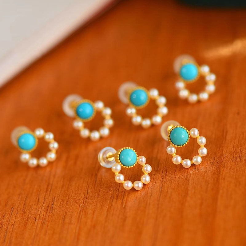 Turquoise Stud Earrings Pearl Circle Earrings