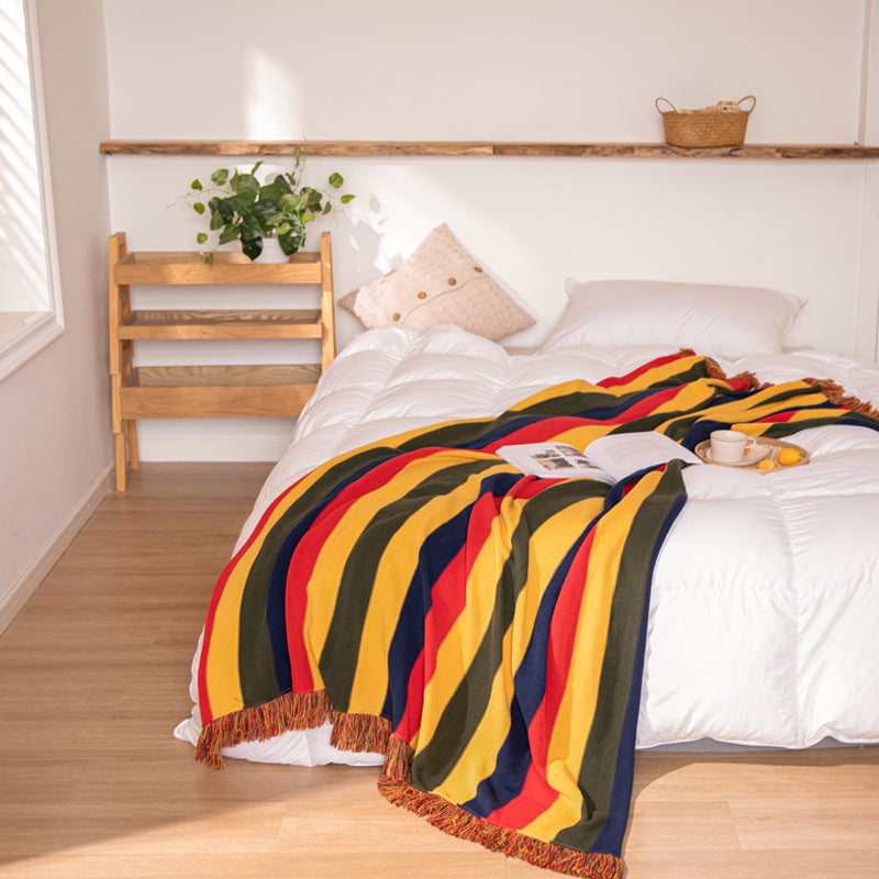 Striped Knitted Blanket With Fringed Striped Knitted Blanket
