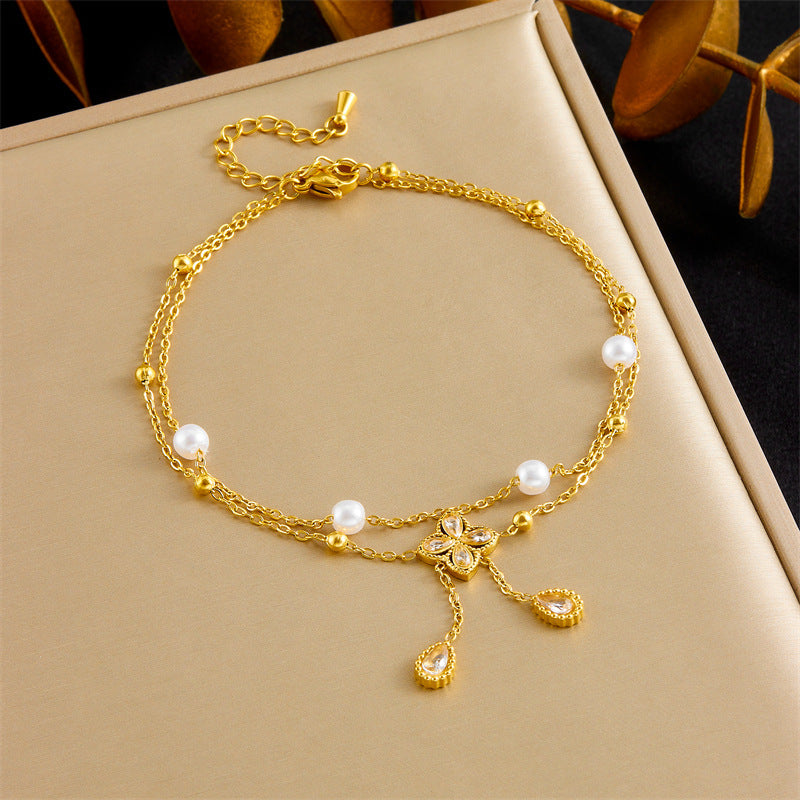 Cheville Perle Fleur Diamant Double Couche Mode