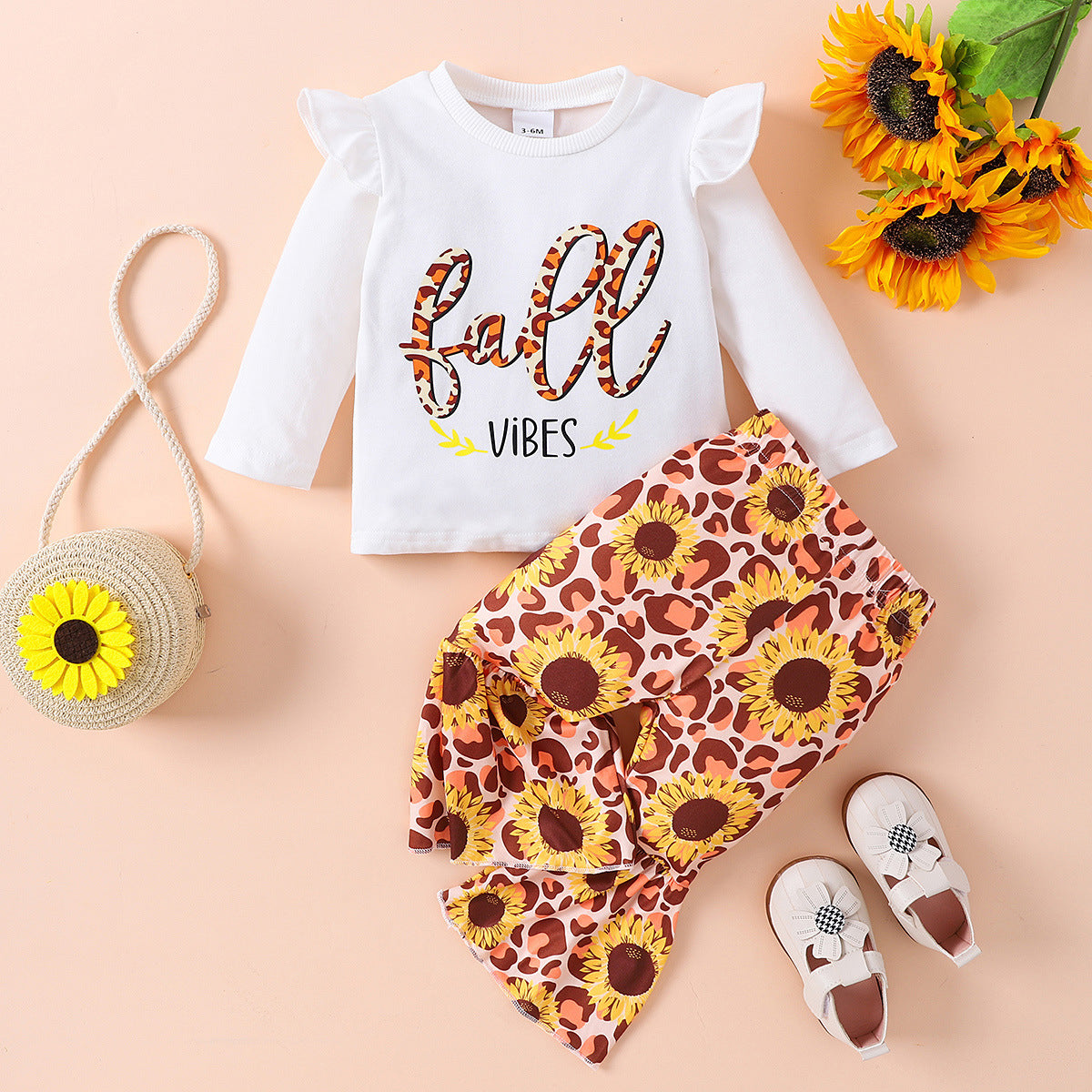 Autumn Girls' Printed Long Sleeve Floral Bell-bottom Pants Suit