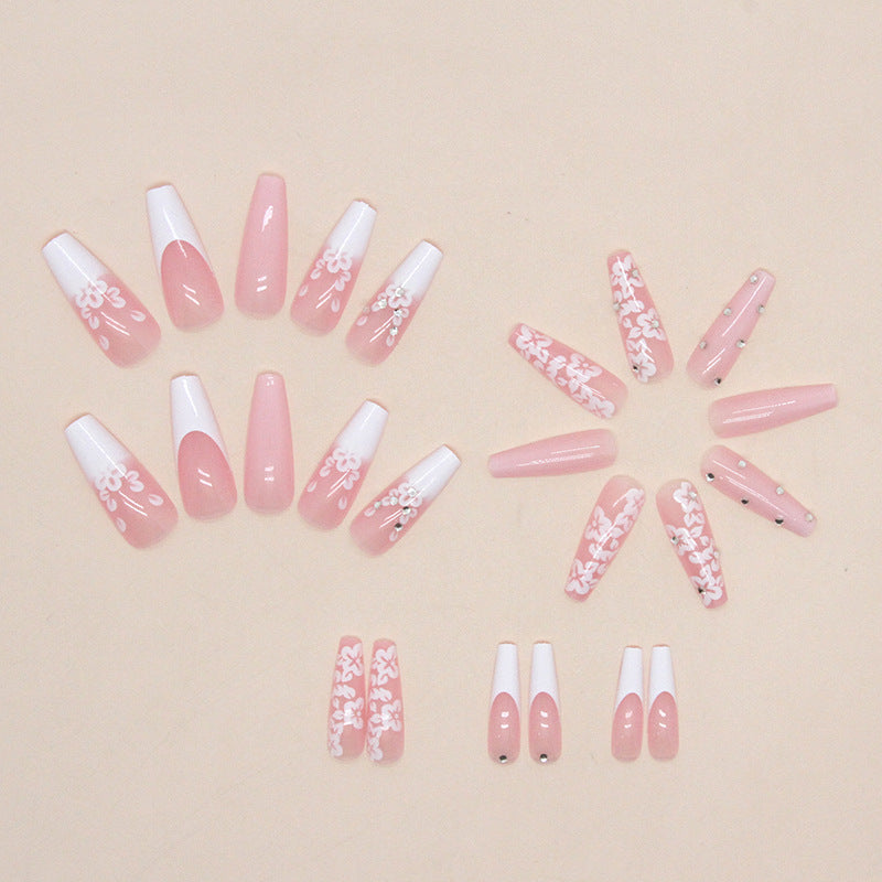 Faux ongles français longs de ballet en diamant
