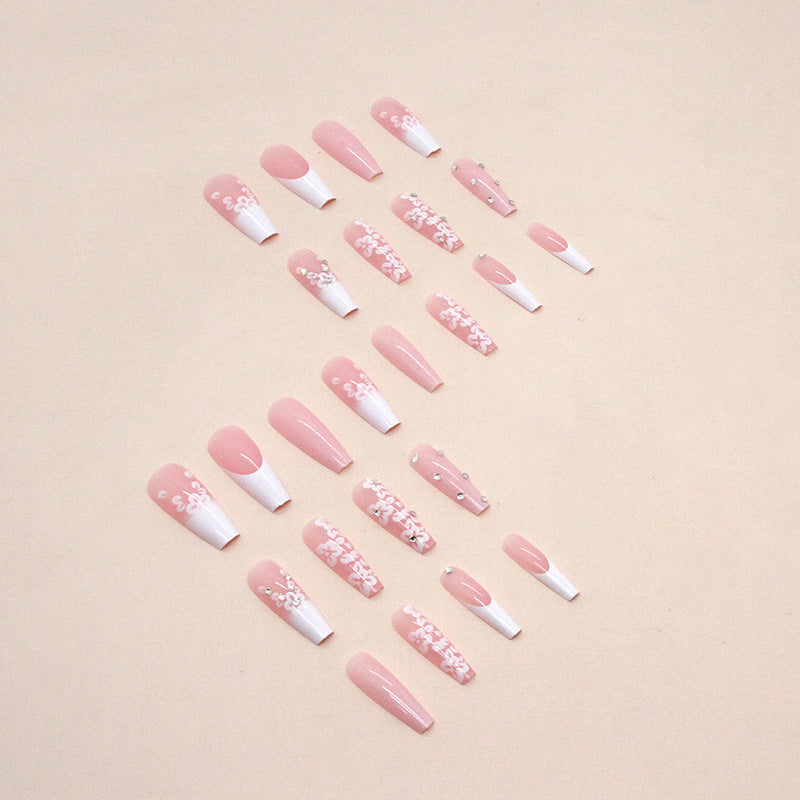 Faux ongles français longs de ballet en diamant