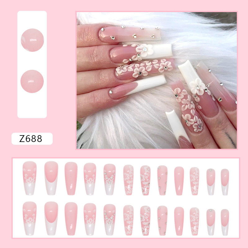 Faux ongles français longs de ballet en diamant
