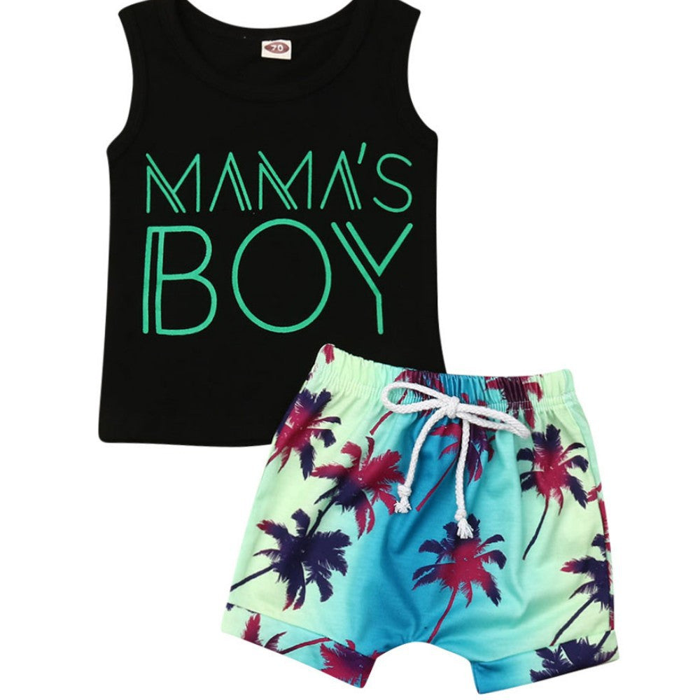 Black Vest Coconut Leaf Shorts Set Two-piece Elastic Cotton Set