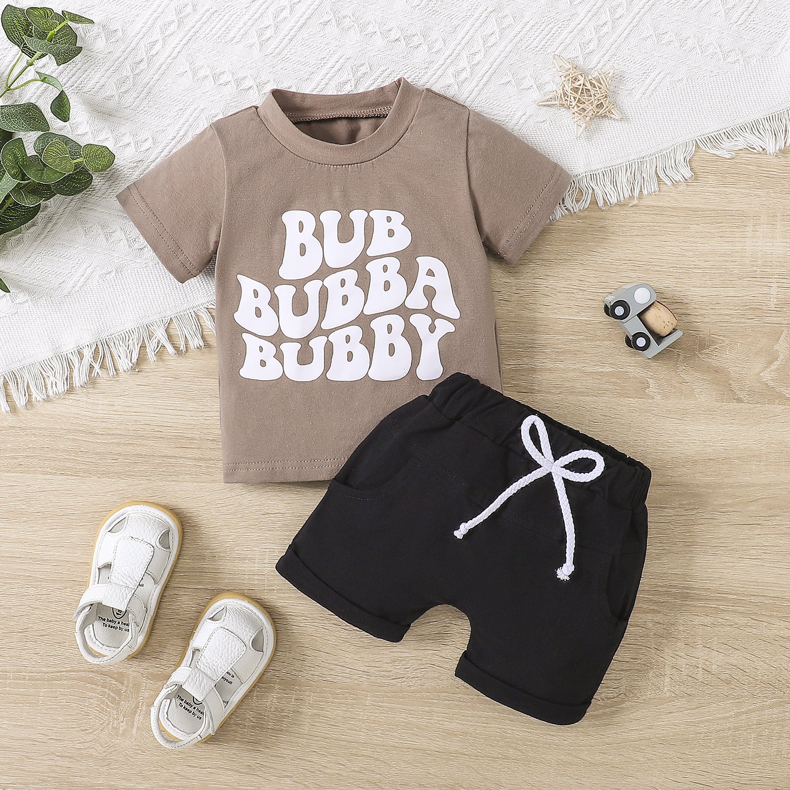 Boys' Round Neck Solid Color Letter Print Short-sleeve Top Solid Color Drawstring Shorts