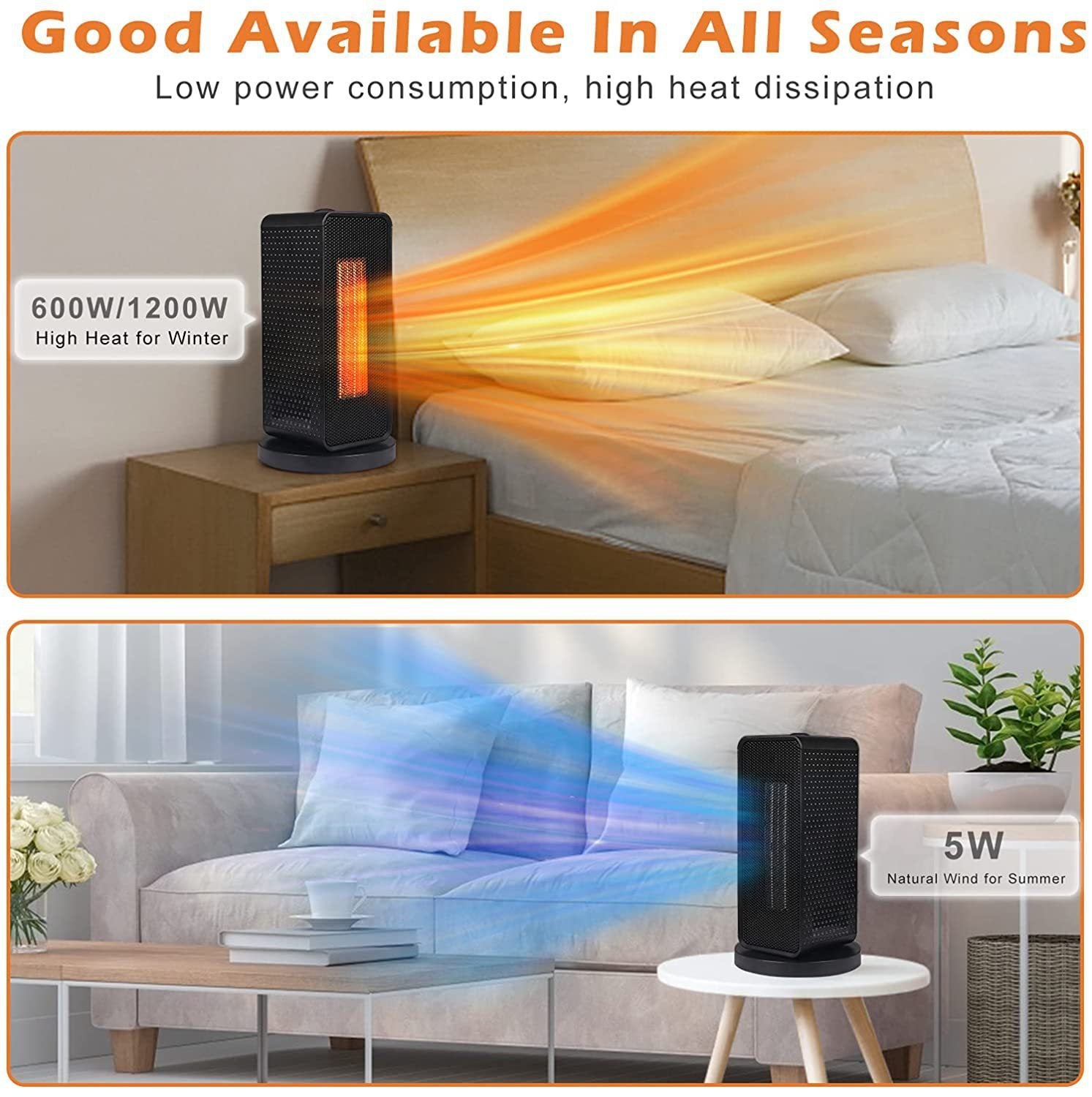 Chauffage d'appoint vertical oscillant avec bouton de commande