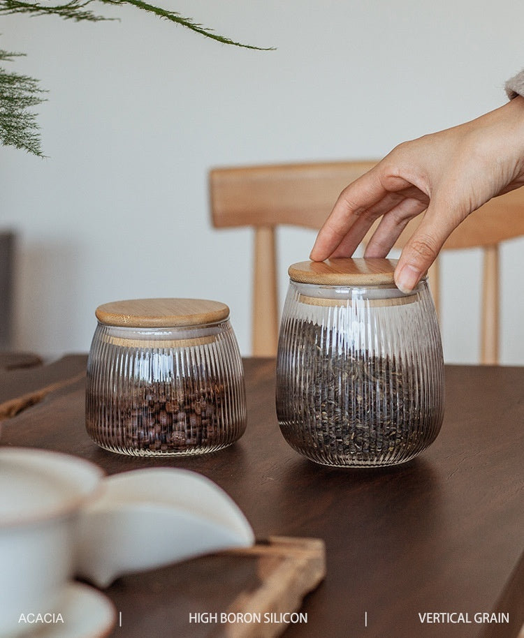 Bocal en verre de rangement scellé avec couvercle en bambou granulaire vertical