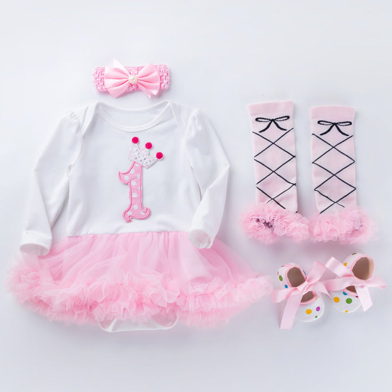 Newborn Cotton Rose Pink Birthday Romper Princess Dress Four Piece Suit