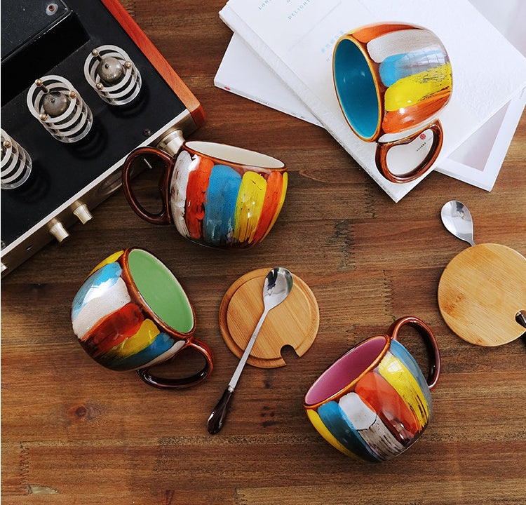 Tasse créative en céramique pour lait, eau, café, petit-déjeuner, tasse de couple, avec couvercle et cuillère