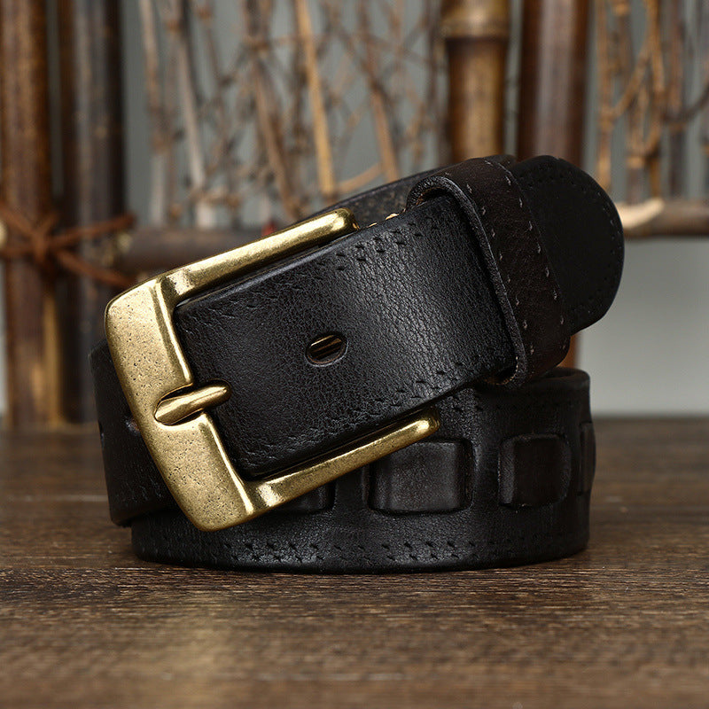 Retro Mens Belt In Genuine Leather With Brass Buckle