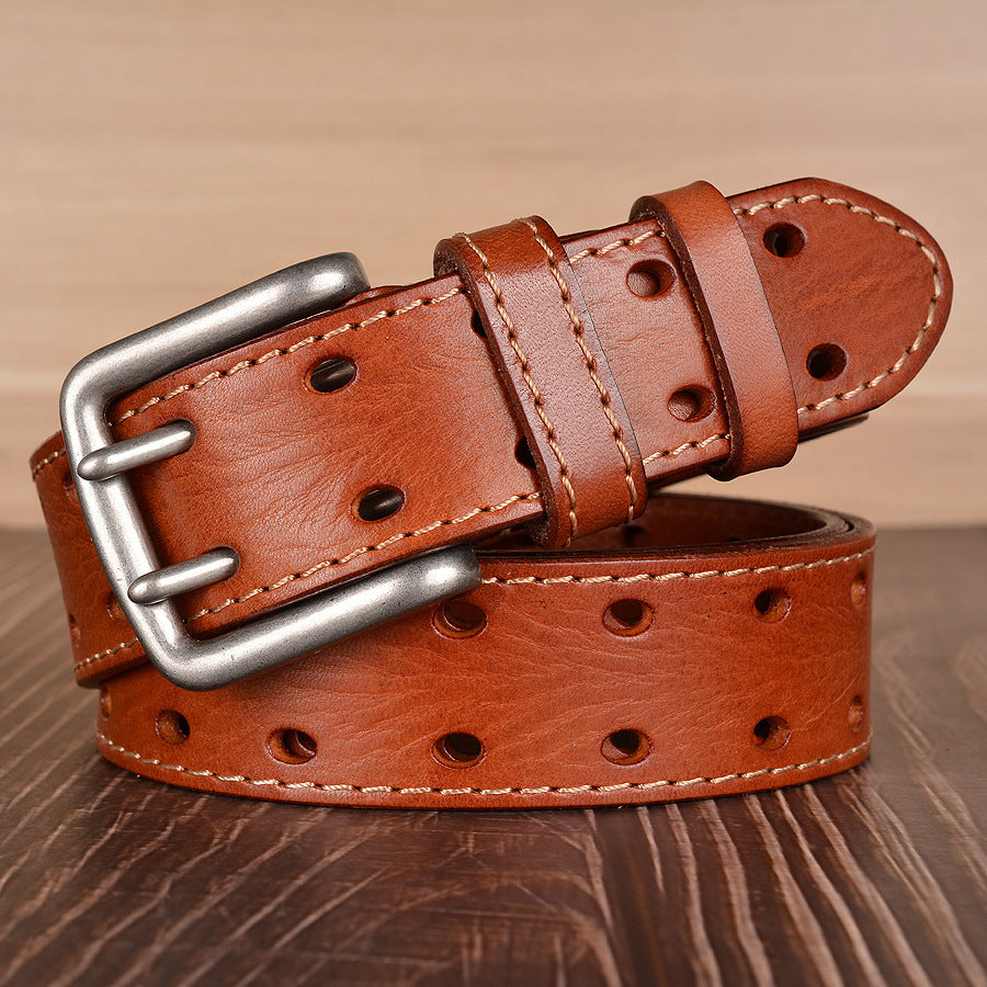 Ceinture en cuir de vachette première couche à double boucle ardillon Ceinture de mode Ceinture en cuir de vachette pour hommes Ceinture décontractée en jean pour hommes