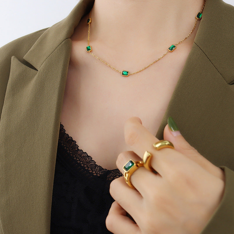 Natural Square Emerald Zircon Clavicle Chain