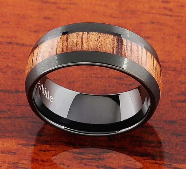 Black Brushed Koa Wood Tungsten Ring