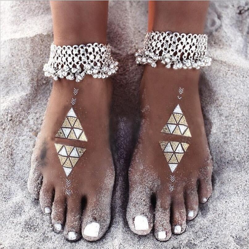 Chaîne de cheville bohème Boho en argent, avec perles et grelots