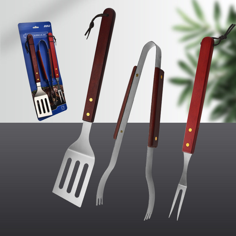 Ensemble de 3 ustensiles de barbecue en acier inoxydable avec manche en bois : spatule, fourchette et pince