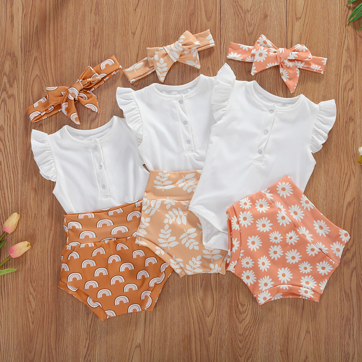 Infant And Toddler Suits Baby Girl Dark Button White Top Printed Shorts Suit Thre-piece Set