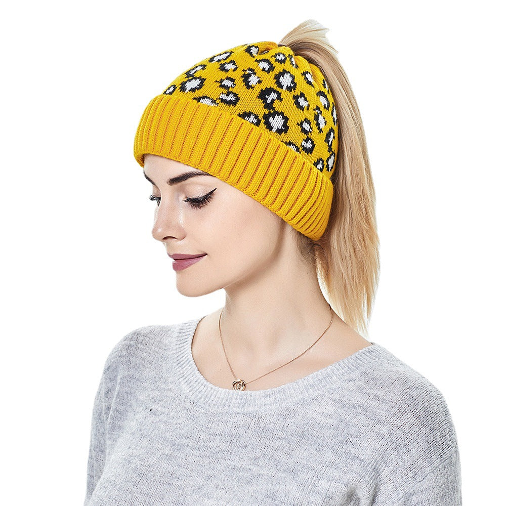 Bonnet queue de cheval tricoté à imprimé léopard, chaud et tendance pour l'extérieur