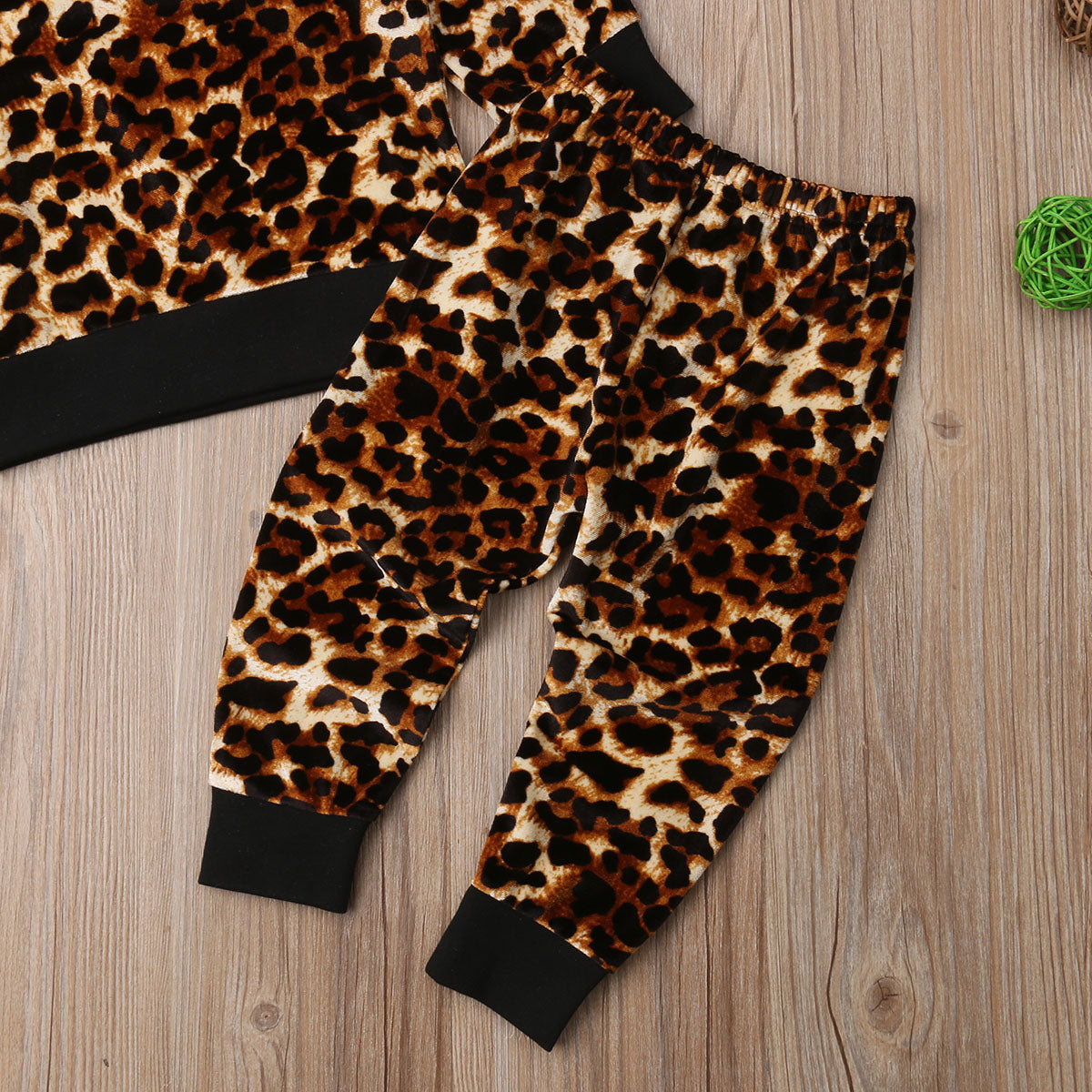 Coral Velvet Leopard Print Long-Sleeved T-Shirt And Trousers Two-Piece Suit