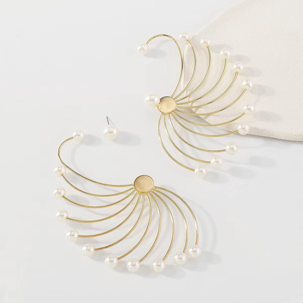 Boucles d'oreilles pendantes fantaisie éventail avec perles artificielles pour femme