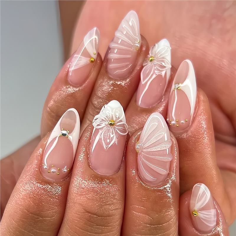 Faux Ongles Amande Effet Vague d'Eau 3D Blanc Simple