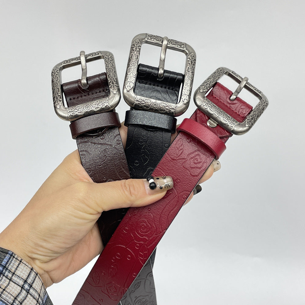 Ceinture en Cuir Vintage pour Femme, Modèle Tendance en Cuir de Vachette Gaufré