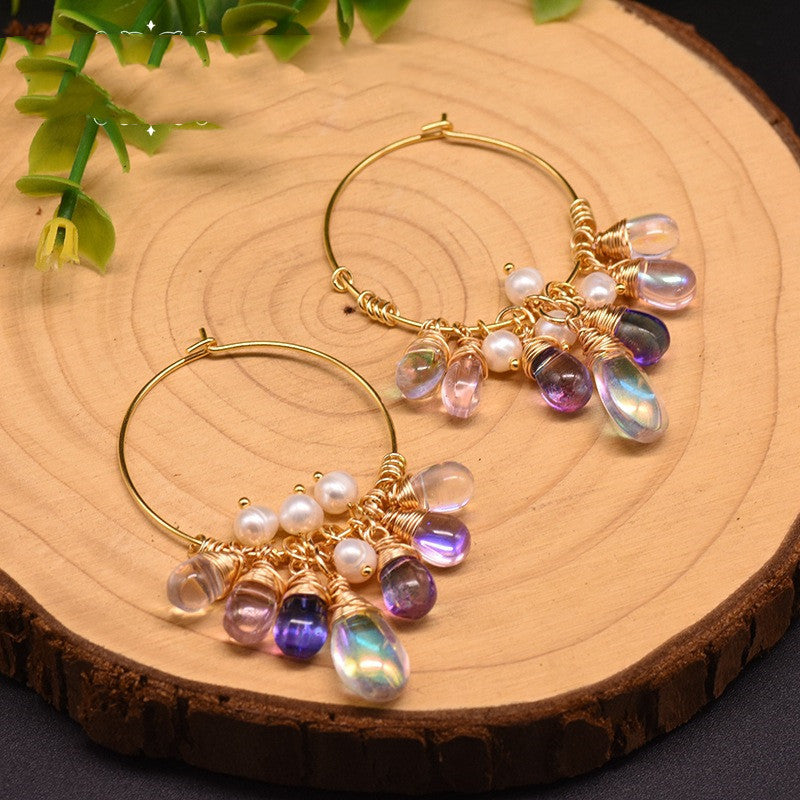 Boucles d'oreilles en argent 925 Perle d'eau douce naturelle Cristal de Bohême Femme