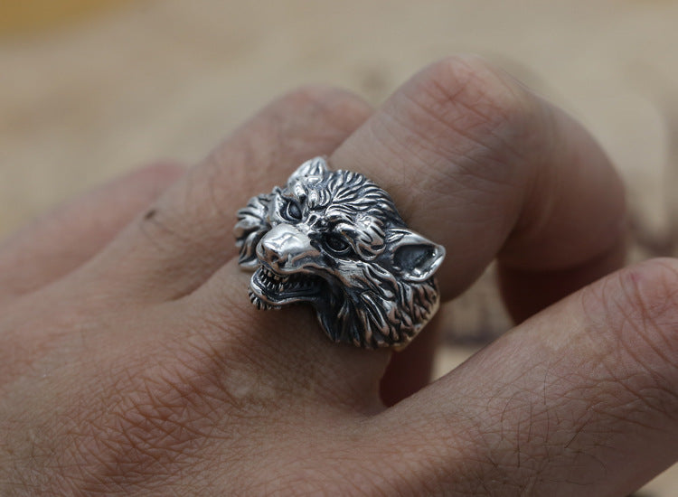 S925 Sterling Silver Wolf Head Ring Men's Accessories
