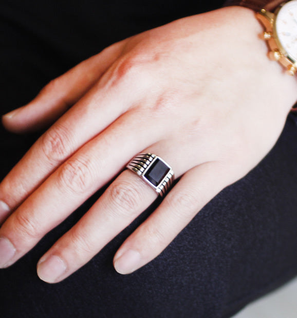 Sterling Silver Black Agate Opening Ring Gemstone Silver Jewelry Zircon