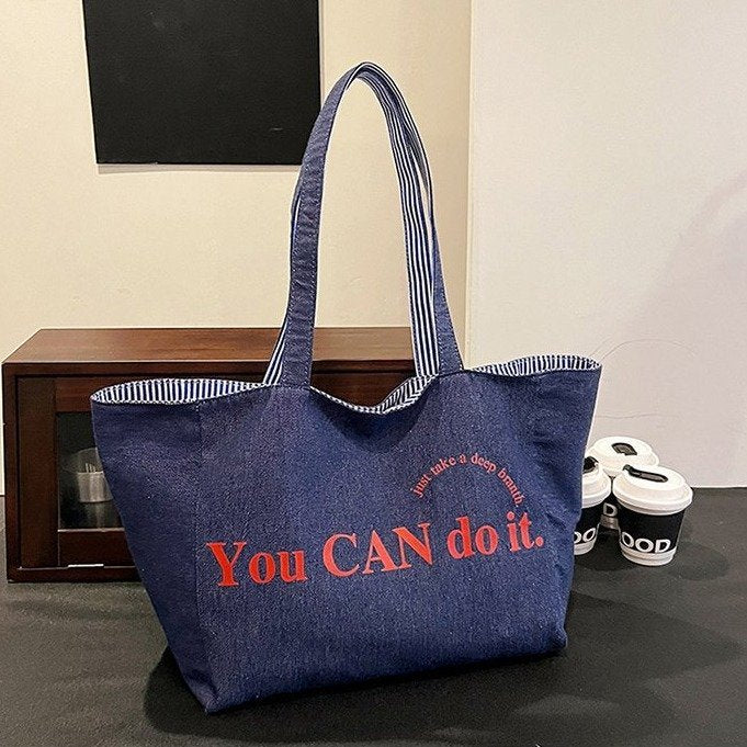 Large Capacity Tote Double-sided New Striped Casual One-shoulder Texture Embroidered Canvas Bag