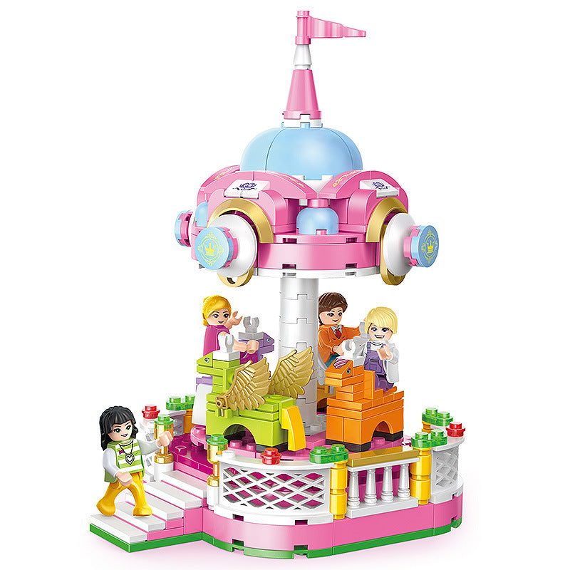 Play House Girl Building Blocks Princess Castle Villa Garden Carousel Beach