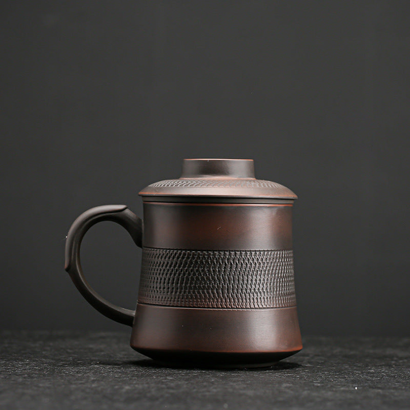 Mug en poterie violette, tasse à café et à lait en céramique avec couvercle, filtre domestique
